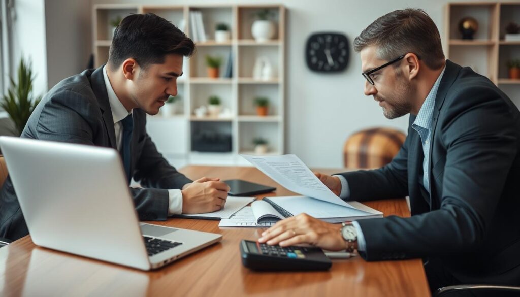 A professional business setting, with a well-lit desk and two people engaged in a salary negotiation discussion. The foreground features the negotiators, one in a crisp suit, the other in business casual attire, leaning forward intently across the desk. The middle ground showcases a laptop, documents, and a calculator, suggesting the exchange of detailed financial information. The background is slightly blurred, hinting at an office environment with shelves, plants, and subtle decor elements. The overall mood is one of serious, yet constructive dialogue, with a sense of high stakes and careful consideration. A professional business setting, with a well-lit desk and two people engaged in a salary negotiation discussion. The foreground features the negotiators, one in a crisp suit, the other in business casual attire, leaning forward intently across the desk. The middle ground showcases a laptop, documents, and a calculator, suggesting the exchange of detailed financial information. The background is slightly blurred, hinting at an office environment with shelves, plants, and subtle decor elements. The overall mood is one of serious, yet constructive dialogue, with a sense of high stakes and careful consideration.