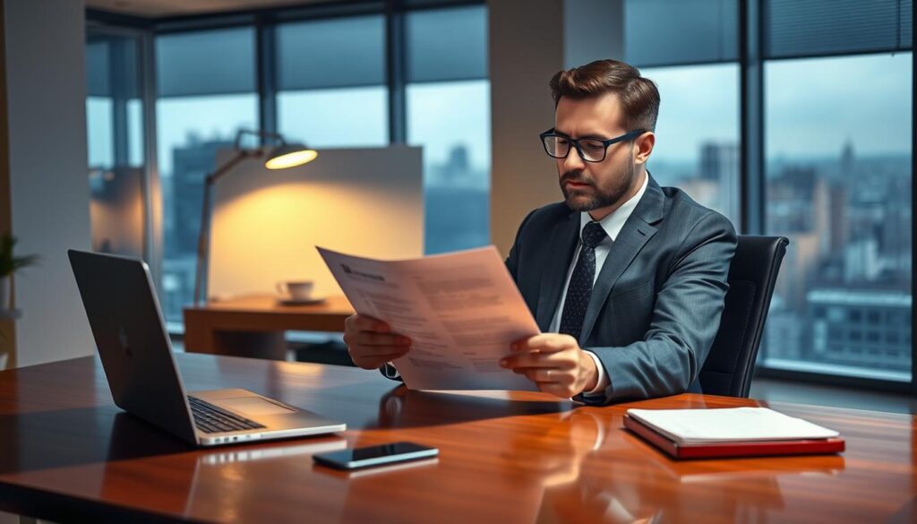 A professional executive sitting at a polished wooden desk, reviewing a resume with a thoughtful expression. Soft, directional lighting illuminates the workspace, creating a warm, focused atmosphere. The desk is neatly organized, with a laptop, a cup of coffee, and a few carefully arranged office supplies. In the background, a modern, minimalist office space with large windows overlooking a cityscape. The overall composition conveys a sense of efficiency, attention to detail, and a commitment to presenting one's work experience in the best possible light. A professional executive sitting at a polished wooden desk, reviewing a resume with a thoughtful expression. Soft, directional lighting illuminates the workspace, creating a warm, focused atmosphere. The desk is neatly organized, with a laptop, a cup of coffee, and a few carefully arranged office supplies. In the background, a modern, minimalist office space with large windows overlooking a cityscape. The overall composition conveys a sense of efficiency, attention to detail, and a commitment to presenting one's work experience in the best possible light.