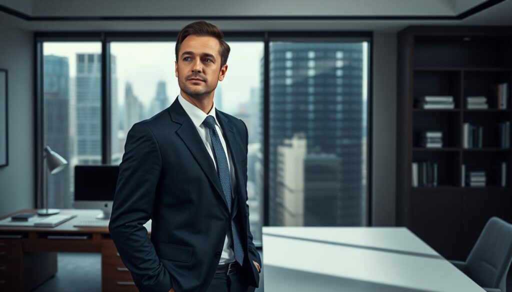 A professional executive standing in a modern office, dressed in a well-tailored suit, looking contemplative. The background features a minimalist desk, bookshelves, and a large window overlooking a bustling cityscape. Subtle lighting casts soft shadows, creating a pensive atmosphere. The executive's expression conveys a sense of thoughtfulness, moving away from overused clichés and seeking more meaningful ways to present their expertise and experience. The overall scene suggests a refined, strategic approach to personal branding and profile optimization. A professional executive standing in a modern office, dressed in a well-tailored suit, looking contemplative. The background features a minimalist desk, bookshelves, and a large window overlooking a bustling cityscape. Subtle lighting casts soft shadows, creating a pensive atmosphere. The executive's expression conveys a sense of thoughtfulness, moving away from overused clichés and seeking more meaningful ways to present their expertise and experience. The overall scene suggests a refined, strategic approach to personal branding and profile optimization.