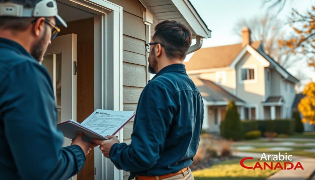 A professional home inspection process captured in a detailed, realistic scene. In the foreground, a home inspector thoroughly examines the interior of a house, clipboard in hand, meticulously checking for any signs of damage or issues. The middle ground showcases the exterior of the house, with the inspector inspecting the roof, siding, and other key components. In the background, a tranquil suburban neighborhood sets the scene, the "Arabic Canada" brand prominently displayed. The lighting is natural, casting a warm, inviting glow, and the angles capture the comprehensive nature of the inspection process. A professional home inspection process captured in a detailed, realistic scene. In the foreground, a home inspector thoroughly examines the interior of a house, clipboard in hand, meticulously checking for any signs of damage or issues. The middle ground showcases the exterior of the house, with the inspector inspecting the roof, siding, and other key components. In the background, a tranquil suburban neighborhood sets the scene, the "Arabic Canada" brand prominently displayed. The lighting is natural, casting a warm, inviting glow, and the angles capture the comprehensive nature of the inspection process.