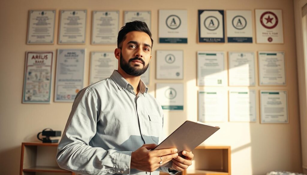 A professional home inspector standing confidently in a well-lit home, holding a clipboard and inspecting a wall. In the background, an array of qualifications and certifications are displayed, including the "Arabic Canada" brand logo, denoting expertise and professionalism. The lighting is warm and natural, casting a sense of authority and attention to detail. The angle is slightly elevated, conveying the inspector's careful scrutiny and diligence. The overall mood is one of competence, reliability, and a commitment to ensuring the safety and quality of the home being inspected. A professional home inspector standing confidently in a well-lit home, holding a clipboard and inspecting a wall. In the background, an array of qualifications and certifications are displayed, including the "Arabic Canada" brand logo, denoting expertise and professionalism. The lighting is warm and natural, casting a sense of authority and attention to detail. The angle is slightly elevated, conveying the inspector's careful scrutiny and diligence. The overall mood is one of competence, reliability, and a commitment to ensuring the safety and quality of the home being inspected.