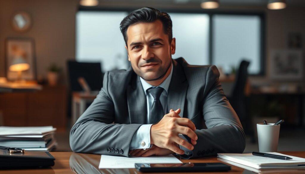 A professional in a suit sitting at a desk, hands clasped, conveying confidence and experience. The lighting is warm and focused, illuminating their face and upper body. The background is a blurred office setting, hinting at the individual's work environment. Subtle textures and details in the clothing and desk accessories suggest attention to detail and competence. The pose and expression communicate a sense of authority and readiness to discuss their qualifications. The overall atmosphere is one of professionalism, poise, and the ability to effectively articulate skills and experience. A professional in a suit sitting at a desk, hands clasped, conveying confidence and experience. The lighting is warm and focused, illuminating their face and upper body. The background is a blurred office setting, hinting at the individual's work environment. Subtle textures and details in the clothing and desk accessories suggest attention to detail and competence. The pose and expression communicate a sense of authority and readiness to discuss their qualifications. The overall atmosphere is one of professionalism, poise, and the ability to effectively articulate skills and experience.