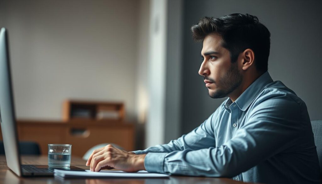 A professional individual sitting at a desk, deep in thought, facing a challenging interview question. The lighting is soft and natural, creating a contemplative atmosphere. The background is blurred, drawing the viewer's focus to the subject's pensive expression and body language, conveying the weight of the situation. The composition emphasizes the person's determination to overcome the interview weakness, with a sense of focus and perseverance. The overall scene evokes a sense of problem-solving and the confidence to navigate tough interview questions. A professional individual sitting at a desk, deep in thought, facing a challenging interview question. The lighting is soft and natural, creating a contemplative atmosphere. The background is blurred, drawing the viewer's focus to the subject's pensive expression and body language, conveying the weight of the situation. The composition emphasizes the person's determination to overcome the interview weakness, with a sense of focus and perseverance. The overall scene evokes a sense of problem-solving and the confidence to navigate tough interview questions.