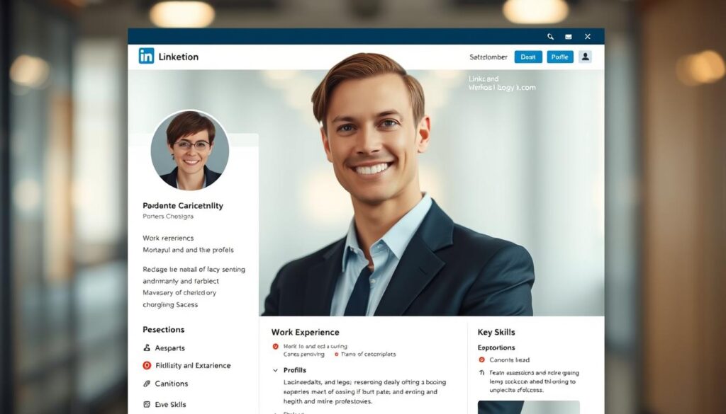 A professional-looking LinkedIn profile with a clean, minimalist design. The foreground features a headshot of a confident-looking person in business attire, with a warm, friendly expression. The middle ground showcases their educational credentials, work experience, and key skills, presented in a well-organized layout. The background has a blurred, soft-focus effect, creating a sense of depth and focus on the profile details. The lighting is soft and flattering, with a slight ambient glow to convey a sense of professionalism and attention to detail. The overall mood is one of competence, reliability, and a strong personal brand. A professional-looking LinkedIn profile with a clean, minimalist design. The foreground features a headshot of a confident-looking person in business attire, with a warm, friendly expression. The middle ground showcases their educational credentials, work experience, and key skills, presented in a well-organized layout. The background has a blurred, soft-focus effect, creating a sense of depth and focus on the profile details. The lighting is soft and flattering, with a slight ambient glow to convey a sense of professionalism and attention to detail. The overall mood is one of competence, reliability, and a strong personal brand.