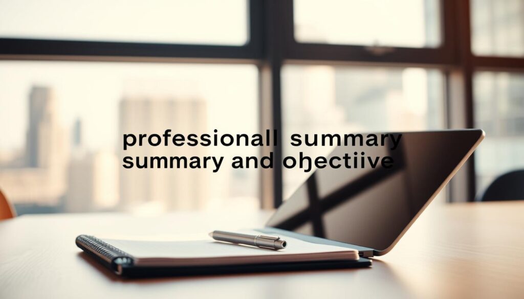 A professional-looking office scene, with a neatly organized desk featuring a laptop, a notepad, and a pen. The background is a soft, blurred cityscape through a large window, conveying a sense of focus and productivity. The lighting is warm and natural, creating a calm and inviting atmosphere. The overall composition emphasizes the importance of a well-crafted professional summary and objective, as the central elements on the desk command attention. The scene evokes a sense of professionalism, attention to detail, and a dedication to one's career goals. A professional-looking office scene, with a neatly organized desk featuring a laptop, a notepad, and a pen. The background is a soft, blurred cityscape through a large window, conveying a sense of focus and productivity. The lighting is warm and natural, creating a calm and inviting atmosphere. The overall composition emphasizes the importance of a well-crafted professional summary and objective, as the central elements on the desk command attention. The scene evokes a sense of professionalism, attention to detail, and a dedication to one's career goals.