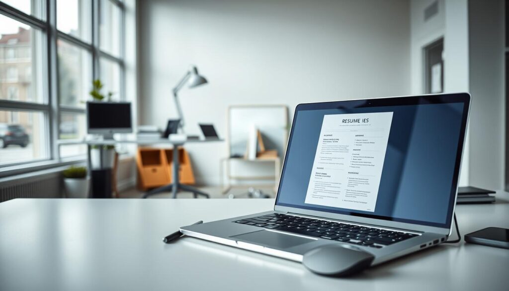 A professional, minimalist resume builder workspace. In the foreground, a sleek laptop displays a resume template, with a stylus and mouse nearby. The middle ground features an organized desk with a desktop computer, a modern lamp, and carefully arranged stationery. The background showcases a clean, bright office environment with large windows, allowing natural light to flood the scene. The overall mood is one of productivity, efficiency, and a focus on crafting a polished, impactful resume. A professional, minimalist resume builder workspace. In the foreground, a sleek laptop displays a resume template, with a stylus and mouse nearby. The middle ground features an organized desk with a desktop computer, a modern lamp, and carefully arranged stationery. The background showcases a clean, bright office environment with large windows, allowing natural light to flood the scene. The overall mood is one of productivity, efficiency, and a focus on crafting a polished, impactful resume.