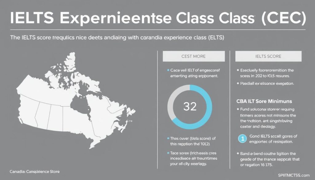 A professional, modern, and visually appealing infographic showcasing the IELTS score requirements for the Canadian Experience Class (CEC) immigration program. The infographic should have a clean, minimalist design with a predominant use of neutral colors like grays, blues, and whites to convey a sense of authority and reliability. The layout should be structured with clear sections highlighting the key details, such as the overall CEC IELTS requirement, the individual band score minimums, and any additional notes. Incorporate subtle graphic elements like data visualizations, icons, and subtle textures to enhance the informative nature of the image. Ensure the overall composition is balanced, easy to read, and visually engaging to support the informational needs of the article.