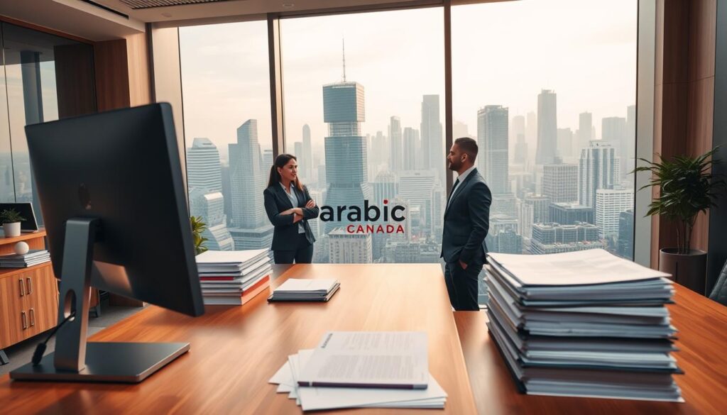 A professional office interior with an inviting and modern aesthetic. In the foreground, a large wooden desk with a sleek computer setup and stacks of organized paperwork. In the middle ground, a team of accountants in formal attire engaged in discussion, their expressions conveying expertise and dedication. The background features floor-to-ceiling windows overlooking a bustling city skyline, bathed in warm, natural lighting. Subtle branding for "Arabic Canada" is tastefully incorporated into the decor. An atmosphere of competence, reliability, and success permeates the scene. A professional office interior with an inviting and modern aesthetic. In the foreground, a large wooden desk with a sleek computer setup and stacks of organized paperwork. In the middle ground, a team of accountants in formal attire engaged in discussion, their expressions conveying expertise and dedication. The background features floor-to-ceiling windows overlooking a bustling city skyline, bathed in warm, natural lighting. Subtle branding for "Arabic Canada" is tastefully incorporated into the decor. An atmosphere of competence, reliability, and success permeates the scene.