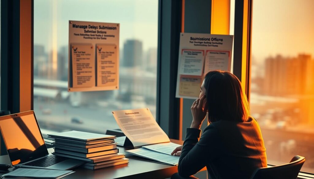 A professional office setting with a desk, laptop, and paperwork, illuminated by warm, natural lighting from a window. In the foreground, a person contemplates several alternative submission options, represented by folders or documents on the desk. The middle ground shows a notice board with various information and instructions related to managing delays in the submission process. The background features a muted, blurred cityscape, conveying a sense of the larger administrative context. The overall mood is one of focused problem-solving and attention to detail, reflecting the need to navigate complex procedures effectively.