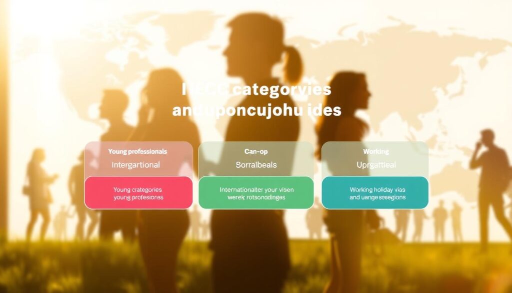 A serene and informative visual depicting the key categories of the International Experience Canada (IEC) program. In the foreground, a vibrant infographic showcases the different streams - young professionals, international co-op, and working holiday visas - in a clean, minimalist style. The middle ground features diverse silhouettes of people engaged in various activities, representing the program's multinational and multicultural nature. The background has a subtle world map motif, hinting at the global reach and international scope of the IEC initiative. The image is bathed in warm, natural lighting, conveying a sense of opportunity and global connectivity. A serene and informative visual depicting the key categories of the International Experience Canada (IEC) program. In the foreground, a vibrant infographic showcases the different streams - young professionals, international co-op, and working holiday visas - in a clean, minimalist style. The middle ground features diverse silhouettes of people engaged in various activities, representing the program's multinational and multicultural nature. The background has a subtle world map motif, hinting at the global reach and international scope of the IEC initiative. The image is bathed in warm, natural lighting, conveying a sense of opportunity and global connectivity.