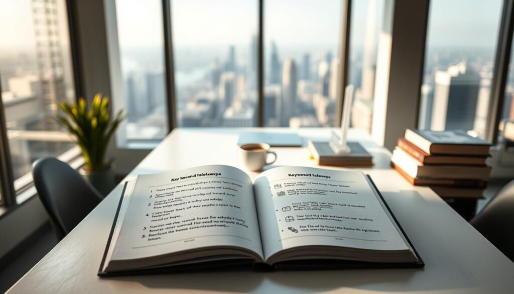 A serene and thoughtful workspace, illuminated by soft, natural lighting filtering through large windows. In the foreground, an open notebook with carefully crafted bullet points and icons, representing the "key lessons and takeaways" for aspiring entrepreneurs. The middle ground features a sleek, minimalist desk with a laptop, cup of coffee, and a few inspirational books. The background showcases a vibrant cityscape, hinting at the dynamic environment in which these successful Arab-Canadian entrepreneurs thrive. The overall composition conveys a sense of focus, clarity, and the possibility of achieving one's entrepreneurial dreams.