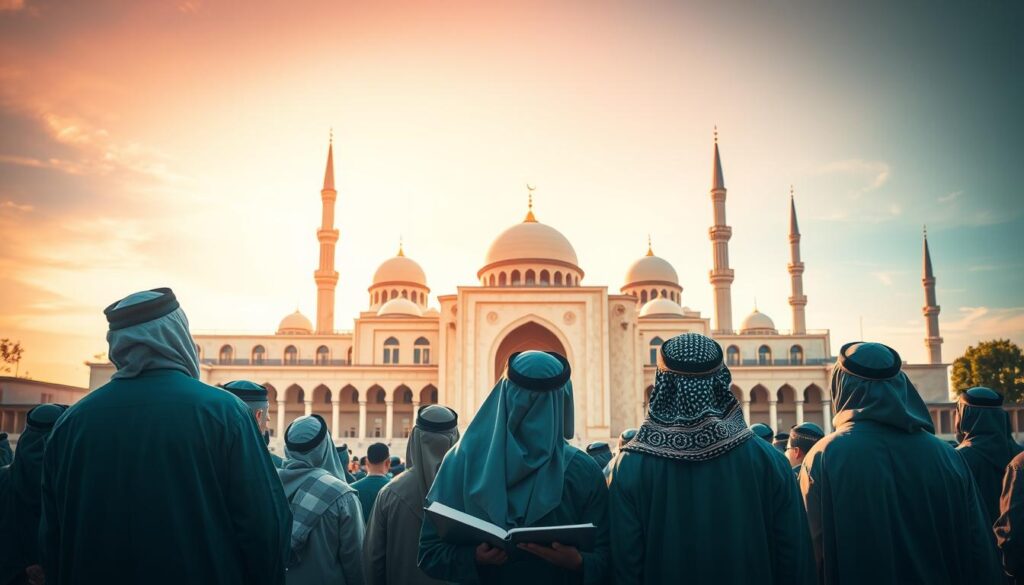 A serene, contemplative scene of academic and spiritual excellence. In the foreground, a group of students, dressed in traditional Arabic garments, engaged in deep study and discussion, their expressions pensive yet purposeful. In the middle ground, a majestic Islamic school or mosque, its architecture a harmonious blend of ancient and modern, bathed in warm, golden light. In the background, a tranquil, azure sky, punctuated by the graceful silhouettes of minarets, conveying a sense of timeless devotion. The atmosphere is one of profound focus and inner peace, a testament to the "Arabic Canada" tradition of nurturing both intellectual and spiritual growth.