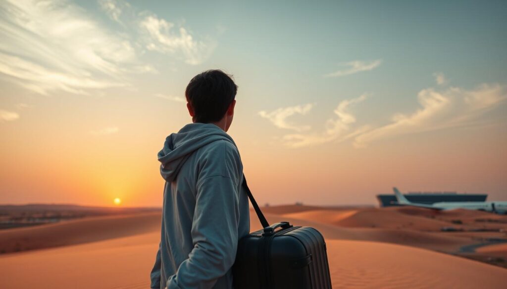 A serene journey through the sands of the Middle East, a young traveler embarks on a new chapter, suitcase in hand, gaze fixed on the horizon. Warm hues of the desert sunset cast a tranquil glow, as the silhouette of a bustling airport terminal fades into the distance. Wispy clouds drift across the sky, a metaphor for the transition from one life to another. The traveler's face, partly obscured, reflects the anticipation and trepidation of the unknown, a personal relocation odyssey about to unfold.