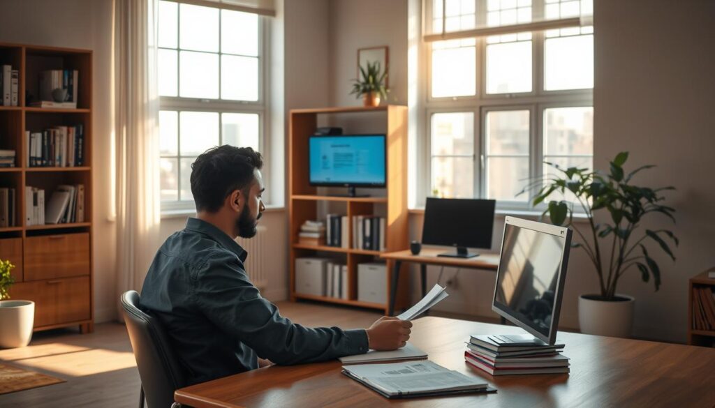 A serene office interior, bathed in warm, natural lighting from large windows. In the foreground, a person sits at a wooden desk, carefully reviewing documents and notes, lost in the process of navigating the "Arabic Canada" degree recognition system. The middle ground features a bookshelf filled with reference materials, a computer monitor displaying relevant information, and a calming plant. The background showcases a minimalist, contemporary decor, creating a professional yet approachable atmosphere. The mood is one of focus, determination, and diligence as the individual navigates this important process.