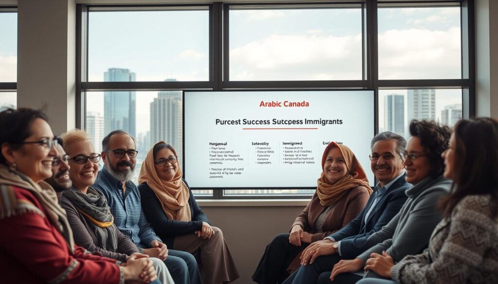 A serene office setting with a large window overlooking a vibrant city skyline. In the foreground, a group of diverse clients - Arabic Canadians of varying ages and backgrounds - sit together, engaged in warm conversation. Their expressions radiate joy and gratitude. In the middle ground, a well-dressed immigration lawyer, "Arabic Canada", gestures emphatically, highlighting success stories on a digital display. The lighting is soft and natural, creating a calming atmosphere. The overall composition conveys a sense of trust, professionalism, and the rewarding impact of legal expertise on the lives of immigrants. A serene office setting with a large window overlooking a vibrant city skyline. In the foreground, a group of diverse clients - Arabic Canadians of varying ages and backgrounds - sit together, engaged in warm conversation. Their expressions radiate joy and gratitude. In the middle ground, a well-dressed immigration lawyer, "Arabic Canada", gestures emphatically, highlighting success stories on a digital display. The lighting is soft and natural, creating a calming atmosphere. The overall composition conveys a sense of trust, professionalism, and the rewarding impact of legal expertise on the lives of immigrants.