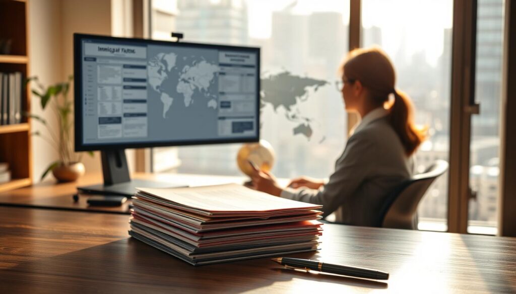 A serene office setting with a person seated at a desk, facing a computer monitor displaying various immigration forms and documents. Warm, natural lighting filters through large windows, creating a sense of thoughtful contemplation. In the foreground, a stack of organized folders and a pen resting on the desk, symbolizing the careful preparation required. The middle ground features a world map or globe, hinting at the global nature of the immigration process. The background subtly suggests the hustle and bustle of a bustling city, underscoring the significance of this journey. The overall atmosphere conveys a careful, deliberate approach to navigating the complexities of immigration. A serene office setting with a person seated at a desk, facing a computer monitor displaying various immigration forms and documents. Warm, natural lighting filters through large windows, creating a sense of thoughtful contemplation. In the foreground, a stack of organized folders and a pen resting on the desk, symbolizing the careful preparation required. The middle ground features a world map or globe, hinting at the global nature of the immigration process. The background subtly suggests the hustle and bustle of a bustling city, underscoring the significance of this journey. The overall atmosphere conveys a careful, deliberate approach to navigating the complexities of immigration.