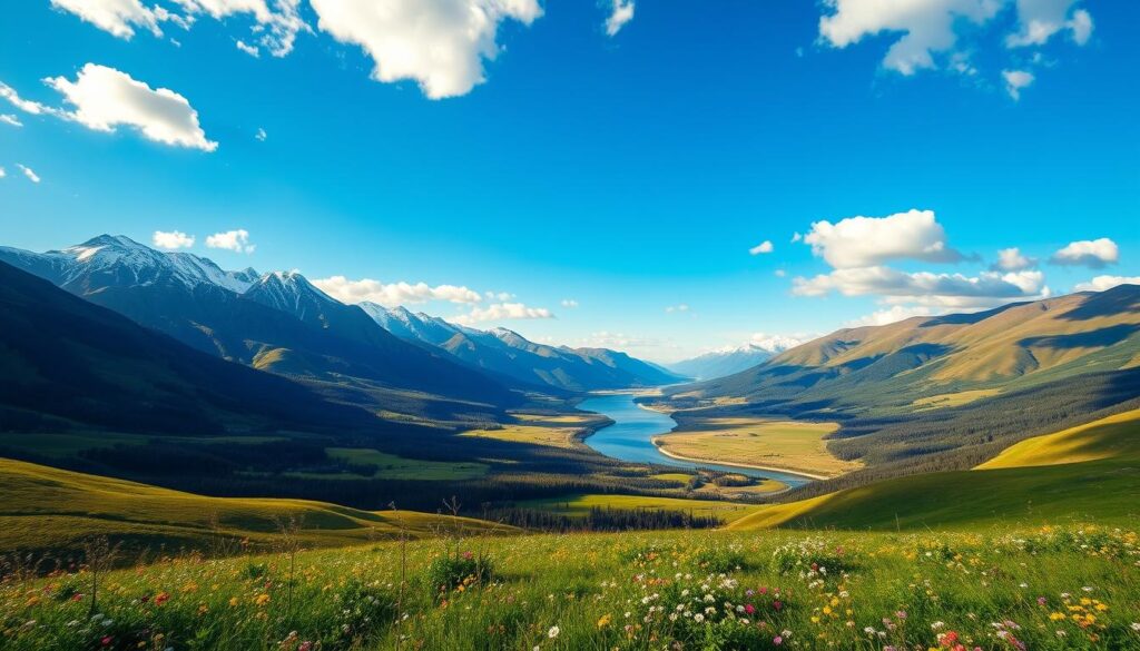A serene, sun-dappled landscape showcasing the diverse provincial nominees program across Canada. In the foreground, rolling hills and lush meadows dotted with vibrant wildflowers. In the middle ground, a winding river cutting through the verdant terrain, its waters reflecting the azure sky above. Framing the scene, a range of majestic mountains, their snow-capped peaks casting long shadows over the land. The warm, golden light filters through scattered clouds, creating a sense of tranquility and possibility. This idyllic setting represents the breadth of opportunity available through the provincial nominees program, inviting newcomers from around the world to explore and thrive in Canada's unique provincial landscapes.