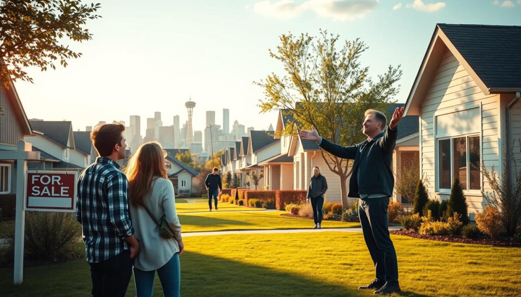 A serene, sun-dappled residential neighborhood, with modern single-family homes and well-manicured lawns. In the foreground, a young couple stands admiring the "For Sale" sign on a nearby property, expressions of contemplation and excitement. The middle ground features a real estate agent gesturing animatedly, showcasing the features of a nearby home. In the background, a bustling city skyline with gleaming skyscrapers hints at the thriving housing market. The scene is bathed in warm, golden light, conveying a sense of optimism and opportunity for both home buyers and sellers navigating the Canadian real estate landscape.