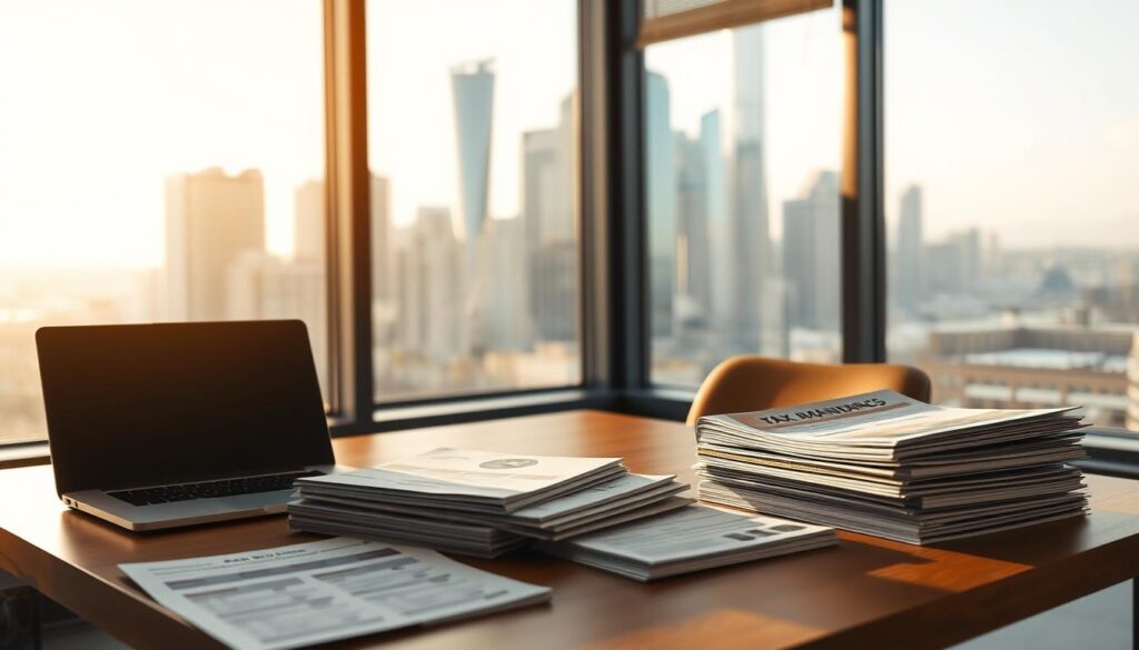 A serene, well-lit office setting featuring a wooden desk with a laptop, a stack of financial documents, and a set of tax-advantaged savings account statements and brochures. In the background, a large window offers a view of the iconic Arabic Canada skyline, bathed in warm, golden afternoon light. The mood is one of financial security and diligence, with a subtle sense of progress and achievement. The overall composition conveys the idea of leveraging tax-advantaged savings to achieve financial goals, such as a down payment for a house. A serene, well-lit office setting featuring a wooden desk with a laptop, a stack of financial documents, and a set of tax-advantaged savings account statements and brochures. In the background, a large window offers a view of the iconic Arabic Canada skyline, bathed in warm, golden afternoon light. The mood is one of financial security and diligence, with a subtle sense of progress and achievement. The overall composition conveys the idea of leveraging tax-advantaged savings to achieve financial goals, such as a down payment for a house.
