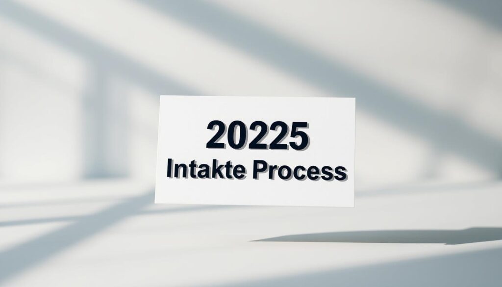 A sleek, minimalist invitation card floating in the foreground, showcasing the "2025 Intake Process" title in a bold, eye-catching font. The card is surrounded by a soft, blurred background with muted tones of blue, gray, and white, evoking a sense of professionalism and elegance. The lighting is warm and directional, casting subtle shadows to add depth and dimensionality to the scene. The overall composition is clean and balanced, with the invitation card taking center stage, inviting the viewer to explore the details of the 2025 intake process.