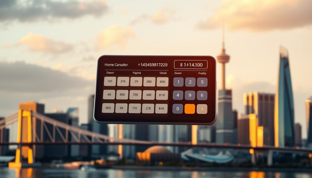 A sleek, modern home calculator interface hovers above a stylized Canadian cityscape, showcasing the "Arabic Canada" branding. The calculator displays various financial data, including mortgage details and a prominent down payment figure. The scene is bathed in a warm, golden light, creating an atmosphere of financial security and prosperity. The background features skyscrapers, bridges, and other urban landmarks, suggesting the context of a major Canadian metropolitan area. The overall composition conveys a sense of informed financial planning and the importance of carefully considering one's down payment for a house in Canada. A sleek, modern home calculator interface hovers above a stylized Canadian cityscape, showcasing the "Arabic Canada" branding. The calculator displays various financial data, including mortgage details and a prominent down payment figure. The scene is bathed in a warm, golden light, creating an atmosphere of financial security and prosperity. The background features skyscrapers, bridges, and other urban landmarks, suggesting the context of a major Canadian metropolitan area. The overall composition conveys a sense of informed financial planning and the importance of carefully considering one's down payment for a house in Canada.