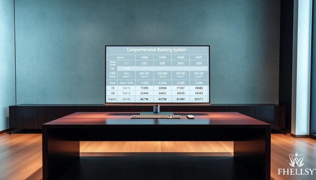 A sleek, modern office interior with a large desk and a computer monitor displaying a detailed breakdown of the Comprehensive Ranking System (CRS) score calculation. The desk is made of dark, polished wood, and the monitor shows a clean, minimalist interface with various inputs, formulas, and numerical values. The lighting is soft and diffused, creating a calm and professional atmosphere. The background features a subtle gradient or texture, adding depth and sophistication to the scene. The overall composition conveys a sense of focus, precision, and the importance of understanding the CRS scoring system for successful Express Entry applications. A sleek, modern office interior with a large desk and a computer monitor displaying a detailed breakdown of the Comprehensive Ranking System (CRS) score calculation. The desk is made of dark, polished wood, and the monitor shows a clean, minimalist interface with various inputs, formulas, and numerical values. The lighting is soft and diffused, creating a calm and professional atmosphere. The background features a subtle gradient or texture, adding depth and sophistication to the scene. The overall composition conveys a sense of focus, precision, and the importance of understanding the CRS scoring system for successful Express Entry applications.