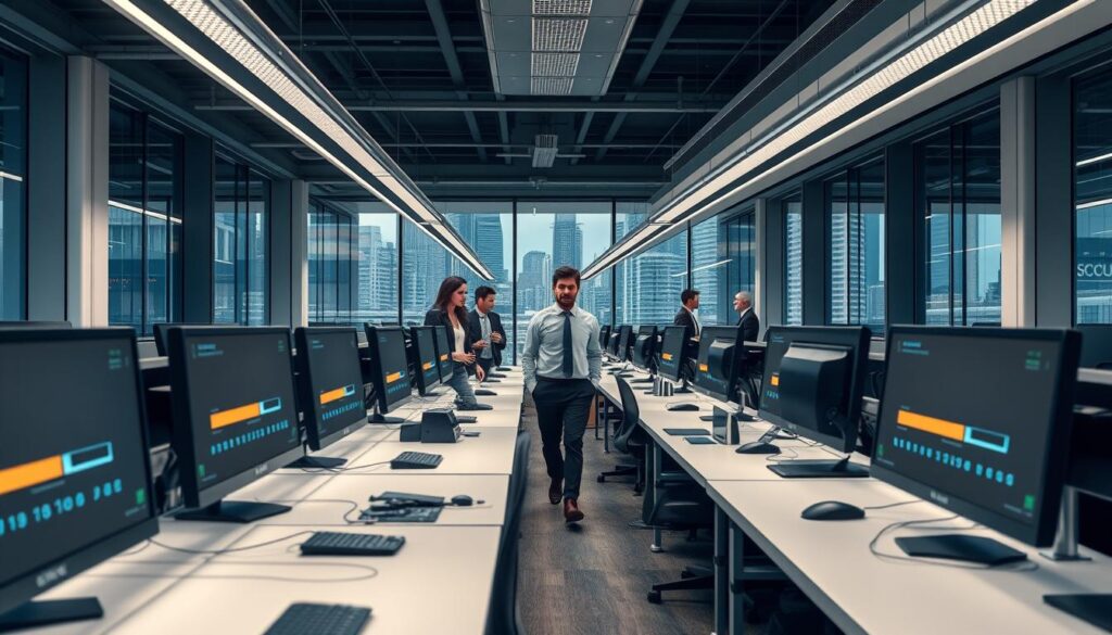 A sleek, modern office interior with a minimalist aesthetic. In the foreground, a row of desks with state-of-the-art computer systems, their screens displaying processing progress bars moving swiftly. Crisp lighting from overhead fixtures casts a warm, productive glow across the workspace. In the middle ground, employees dressed in professional attire move between desks, their expressions focused and efficient. The background reveals floor-to-ceiling windows overlooking a bustling cityscape, suggesting the dynamic, fast-paced nature of the workplace. An atmosphere of streamlined productivity and accelerated progress pervades the scene. A sleek, modern office interior with a minimalist aesthetic. In the foreground, a row of desks with state-of-the-art computer systems, their screens displaying processing progress bars moving swiftly. Crisp lighting from overhead fixtures casts a warm, productive glow across the workspace. In the middle ground, employees dressed in professional attire move between desks, their expressions focused and efficient. The background reveals floor-to-ceiling windows overlooking a bustling cityscape, suggesting the dynamic, fast-paced nature of the workplace. An atmosphere of streamlined productivity and accelerated progress pervades the scene.