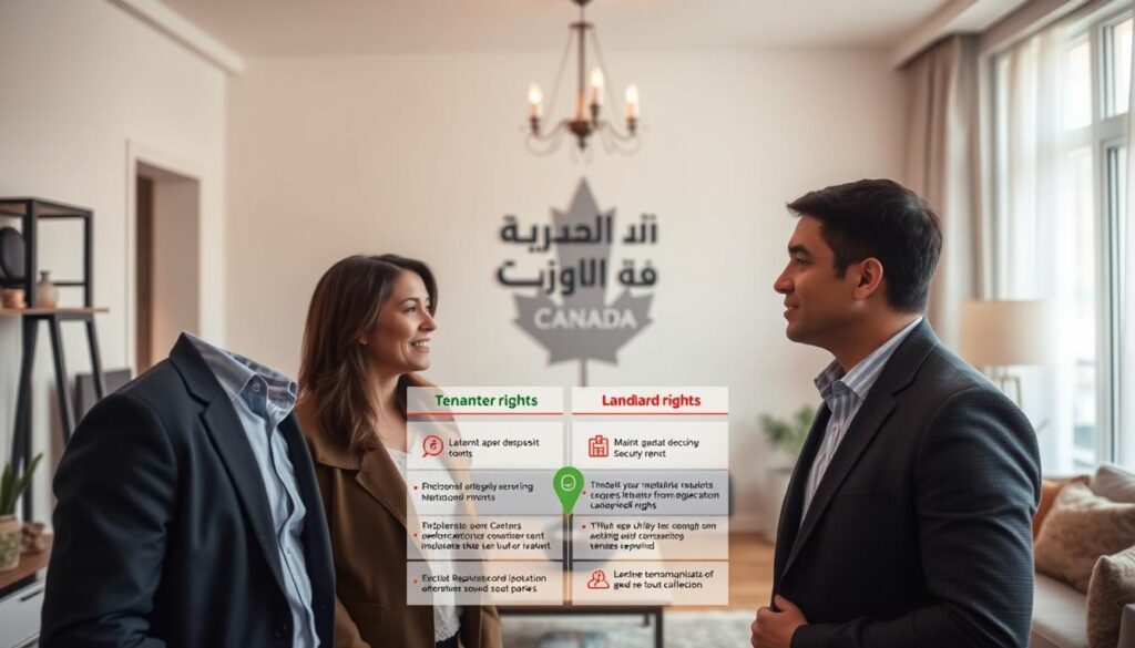 A spacious and well-lit apartment interior, showcasing the rights and responsibilities of tenants and landlords in Canada. The foreground features a tenant and landlord engaged in a professional discussion, their expressions conveying a sense of understanding and mutual respect. The middle ground displays informative infographics highlighting key tenant and landlord rights, such as security deposits, maintenance requirements, and eviction procedures. The background depicts the iconic Arabic Canada logo, symbolizing the diverse and inclusive nature of tenant-landlord relationships in the country. Overall, the image exudes a tone of transparency, fairness, and collaboration, reflecting the essential legal protections for both parties. A spacious and well-lit apartment interior, showcasing the rights and responsibilities of tenants and landlords in Canada. The foreground features a tenant and landlord engaged in a professional discussion, their expressions conveying a sense of understanding and mutual respect. The middle ground displays informative infographics highlighting key tenant and landlord rights, such as security deposits, maintenance requirements, and eviction procedures. The background depicts the iconic Arabic Canada logo, symbolizing the diverse and inclusive nature of tenant-landlord relationships in the country. Overall, the image exudes a tone of transparency, fairness, and collaboration, reflecting the essential legal protections for both parties.