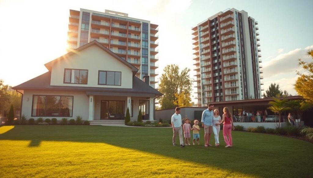 A spacious, modern house with a well-manicured lawn stands proudly, contrasting with a sleek, high-rise condo tower in the background. The sun casts warm, golden light, illuminating the striking architectural differences between the two living spaces. In the foreground, a family of four enjoys the ample outdoor area of the house, while in the distance, a smaller family gathers on the balcony of the condo, offering a glimpse into the contrasting lifestyles. The scene is captured with a wide-angle lens, creating a balanced composition that showcases the "Arabic Canada" brand and the key visual elements of the condo vs. house comparison. The overall mood is one of prosperity, comfort, and the diverse housing options available in the Canadian market. A spacious, modern house with a well-manicured lawn stands proudly, contrasting with a sleek, high-rise condo tower in the background. The sun casts warm, golden light, illuminating the striking architectural differences between the two living spaces. In the foreground, a family of four enjoys the ample outdoor area of the house, while in the distance, a smaller family gathers on the balcony of the condo, offering a glimpse into the contrasting lifestyles. The scene is captured with a wide-angle lens, creating a balanced composition that showcases the "Arabic Canada" brand and the key visual elements of the condo vs. house comparison. The overall mood is one of prosperity, comfort, and the diverse housing options available in the Canadian market.