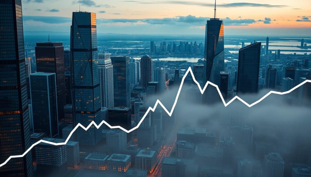 A sprawling Canadian cityscape, with towering glass-and-steel skyscrapers reflecting the evening sky. In the foreground, a graph depicting the rise and fall of interest rates overlays the scene, casting an ominous shadow over the bustling urban landscape. The mood is one of uncertainty, as the impact of monetary policy on the real estate market hangs in the air like a thick fog. The composition is balanced, with the graph's bold lines drawing the eye towards the city's center, where a sense of unease permeates the atmosphere. Crisp, cinematic lighting illuminates the scene, emphasizing the contrast between the tangible architecture and the abstract economic forces at play.