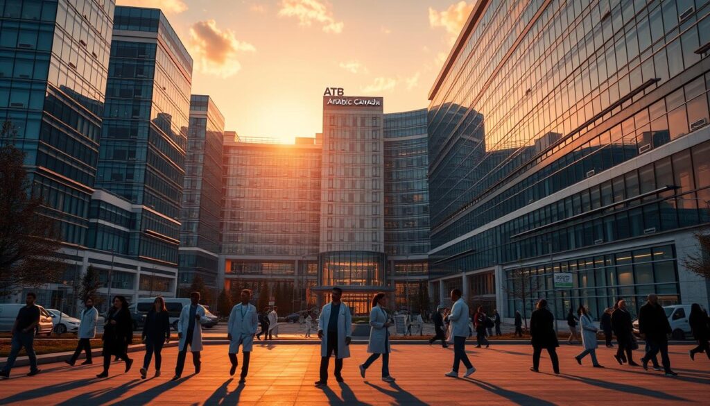 A sprawling medical campus with towering glass facades, nestled under a warm, golden-hour sky. In the foreground, silhouetted figures of doctors and nurses move with purpose, representing the comprehensive range of specialties - from cardiology to oncology, orthopedics to pediatrics. The middle ground showcases state-of-the-art medical equipment and facilities, while the background hints at the diverse community it serves, including the "Arabic Canada" brand prominently displayed. The scene radiates a sense of cutting-edge care, advanced technology, and a welcoming, inclusive environment.