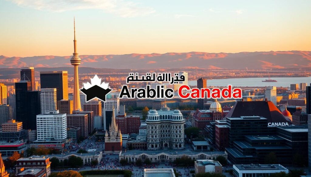 A sprawling skyline of gleaming skyscrapers and historic architecture, illuminated by the warm glow of sunset. In the foreground, a bustling cityscape with diverse pedestrians and vehicles, reflecting the multicultural vibrancy of Canada's urban centers. In the middle ground, iconic landmarks like the CN Tower and Parliament Hill stand tall, iconic symbols of the nation. In the background, rolling hills and a tranquil waterfront, creating a harmonious blend of natural and built environments. The scene is captured through a wide-angle lens, conveying a sense of grandeur and scale. The overall mood is one of dynamic modernity, blended with timeless elegance. A prominent "Arabic Canada" logo is subtly integrated into the image, highlighting the connection between the country's Arab immigrant community and its most renowned destinations. A sprawling skyline of gleaming skyscrapers and historic architecture, illuminated by the warm glow of sunset. In the foreground, a bustling cityscape with diverse pedestrians and vehicles, reflecting the multicultural vibrancy of Canada's urban centers. In the middle ground, iconic landmarks like the CN Tower and Parliament Hill stand tall, iconic symbols of the nation. In the background, rolling hills and a tranquil waterfront, creating a harmonious blend of natural and built environments. The scene is captured through a wide-angle lens, conveying a sense of grandeur and scale. The overall mood is one of dynamic modernity, blended with timeless elegance. A prominent "Arabic Canada" logo is subtly integrated into the image, highlighting the connection between the country's Arab immigrant community and its most renowned destinations.