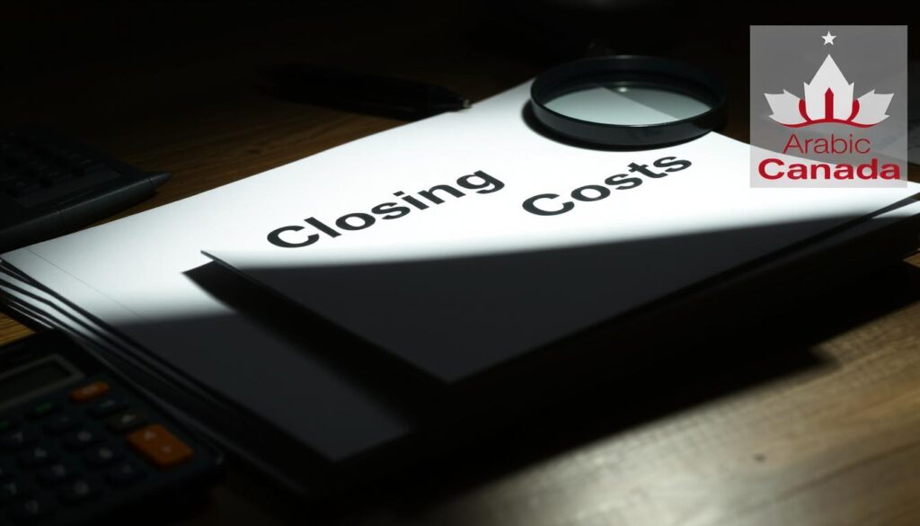 A stack of documents with the title "Closing Costs" partially hidden, casting a long shadow on a wooden desk. The documents are surrounded by a variety of small objects like a calculator, a pen, and a magnifying glass, suggesting the need for closer inspection. The lighting is low and moody, creating a sense of mystery and unease. In the background, the "Arabic Canada" logo is subtly visible, adding a touch of branding to the scene. The overall atmosphere evokes the idea of hidden fees and unexpected expenses associated with the home closing process. A stack of documents with the title "Closing Costs" partially hidden, casting a long shadow on a wooden desk. The documents are surrounded by a variety of small objects like a calculator, a pen, and a magnifying glass, suggesting the need for closer inspection. The lighting is low and moody, creating a sense of mystery and unease. In the background, the "Arabic Canada" logo is subtly visible, adding a touch of branding to the scene. The overall atmosphere evokes the idea of hidden fees and unexpected expenses associated with the home closing process.