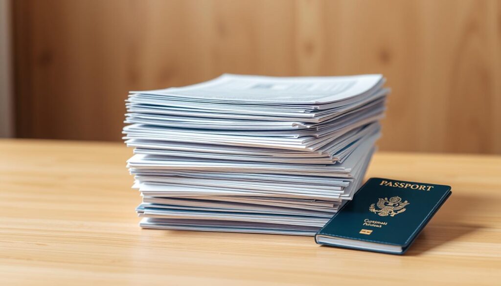A stack of essential documents for a parent or grandparent visa application, meticulously arranged on a clean, minimalist desk. The documents include passports, birth certificates, bank statements, medical records, and any other required paperwork, neatly organized and presented against a warm, natural wood backdrop. Soft, directional lighting highlights the important details, while a shallow depth of field keeps the focus on the essential paperwork. The overall atmosphere conveys a sense of professionalism, attention to detail, and the gravity of the application process. A stack of essential documents for a parent or grandparent visa application, meticulously arranged on a clean, minimalist desk. The documents include passports, birth certificates, bank statements, medical records, and any other required paperwork, neatly organized and presented against a warm, natural wood backdrop. Soft, directional lighting highlights the important details, while a shallow depth of field keeps the focus on the essential paperwork. The overall atmosphere conveys a sense of professionalism, attention to detail, and the gravity of the application process.