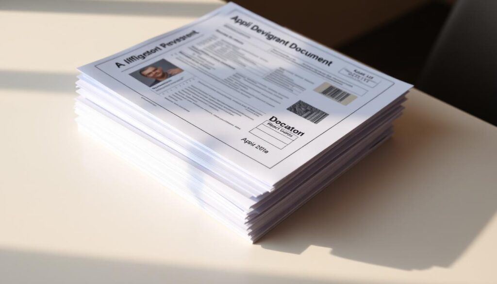 A stack of official government documents, including application forms, identification cards, and supporting paperwork, neatly arranged on a clean, minimalist desk. The documents are illuminated by soft, warm lighting, casting gentle shadows and highlighting the important details. The overall scene conveys a sense of organization, efficiency, and professionalism, reflecting the care and attention required for a successful immigration application.