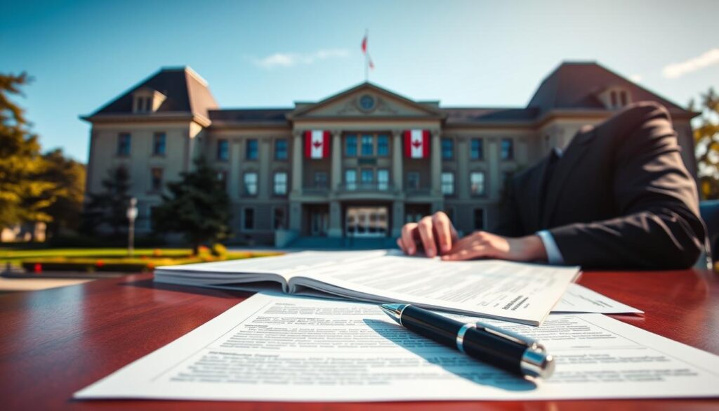 A stately government building, its facade adorned with maple leaves and the Canadian coat of arms, stands tall against a backdrop of clear blue skies. In the foreground, a desk is positioned, its surface covered in official-looking documents and forms, with a pen resting atop, ready to be used. The lighting is soft and warm, creating a sense of professionalism and order. A person, dressed in formal attire, is seated at the desk, carefully reviewing the paperwork, symbolizing the thoughtful and meticulous nature of the Canadian immigration process. The overall atmosphere conveys a sense of diligence, reliability, and the importance of adhering to the necessary procedures to navigate the path to Canadian residency.