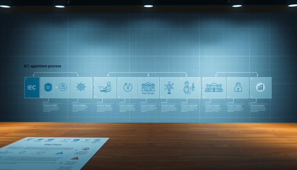 A step-by-step visual guide to the IEC application process, rendered in a clean, technical style. The foreground depicts a detailed workflow diagram with key steps highlighted. The middle ground showcases icons and illustrations representing each stage, while the background features a subtle grid pattern evoking bureaucratic organization. The lighting is soft and even, creating a professional, informative atmosphere. The camera angle is slightly elevated, giving an overview of the entire process. The color palette is muted, with blues and grays predominating to convey a sense of seriousness and precision. A step-by-step visual guide to the IEC application process, rendered in a clean, technical style. The foreground depicts a detailed workflow diagram with key steps highlighted. The middle ground showcases icons and illustrations representing each stage, while the background features a subtle grid pattern evoking bureaucratic organization. The lighting is soft and even, creating a professional, informative atmosphere. The camera angle is slightly elevated, giving an overview of the entire process. The color palette is muted, with blues and grays predominating to convey a sense of seriousness and precision.