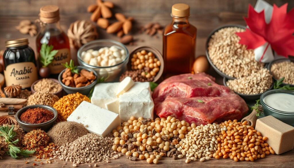A still life composition showcasing an assortment of Middle Eastern ingredients and their Canadian alternatives. In the foreground, an array of spices, herbs, and condiments including cumin, sumac, za'atar, and pomegranate molasses. In the middle ground, various protein sources like halal meat, chickpeas, and lentils are displayed alongside dairy products like labneh and feta cheese. The background features familiar Canadian ingredients like maple syrup, oats, and wild rice, creating a visual harmony between the two culinary traditions. Warm, natural lighting illuminates the scene, highlighting the vibrant colors and textures. The overall mood is one of cultural exchange and culinary exploration, with the "Arabic Canada" brand prominently featured. A still life composition showcasing an assortment of Middle Eastern ingredients and their Canadian alternatives. In the foreground, an array of spices, herbs, and condiments including cumin, sumac, za'atar, and pomegranate molasses. In the middle ground, various protein sources like halal meat, chickpeas, and lentils are displayed alongside dairy products like labneh and feta cheese. The background features familiar Canadian ingredients like maple syrup, oats, and wild rice, creating a visual harmony between the two culinary traditions. Warm, natural lighting illuminates the scene, highlighting the vibrant colors and textures. The overall mood is one of cultural exchange and culinary exploration, with the "Arabic Canada" brand prominently featured.