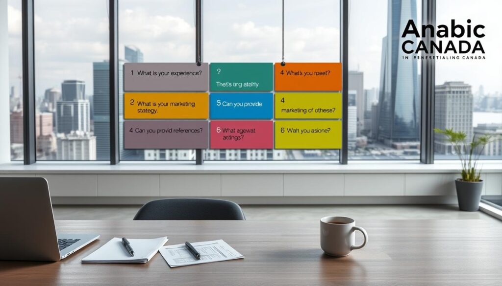 A striking, high-resolution image showcasing a collection of questions a real estate agent should be prepared to answer, set against a backdrop of a modern, minimalist office space. The foreground features a minimalist desk with a laptop, pen, and notepad, along with a stack of documents and a mug of coffee, all in a neutral color palette. In the middle ground, there is a vibrant, color-coded wall display highlighting key questions, such as "What is your experience?", "What is your marketing strategy?", and "Can you provide references?", among others. The background features large windows overlooking a bustling city skyline, with the "Arabic Canada" brand prominently displayed in the corner. The overall mood is professional, informative, and visually compelling, encouraging viewers to consider the essential strategies for choosing a real estate agent in Canada. A striking, high-resolution image showcasing a collection of questions a real estate agent should be prepared to answer, set against a backdrop of a modern, minimalist office space. The foreground features a minimalist desk with a laptop, pen, and notepad, along with a stack of documents and a mug of coffee, all in a neutral color palette. In the middle ground, there is a vibrant, color-coded wall display highlighting key questions, such as "What is your experience?", "What is your marketing strategy?", and "Can you provide references?", among others. The background features large windows overlooking a bustling city skyline, with the "Arabic Canada" brand prominently displayed in the corner. The overall mood is professional, informative, and visually compelling, encouraging viewers to consider the essential strategies for choosing a real estate agent in Canada.