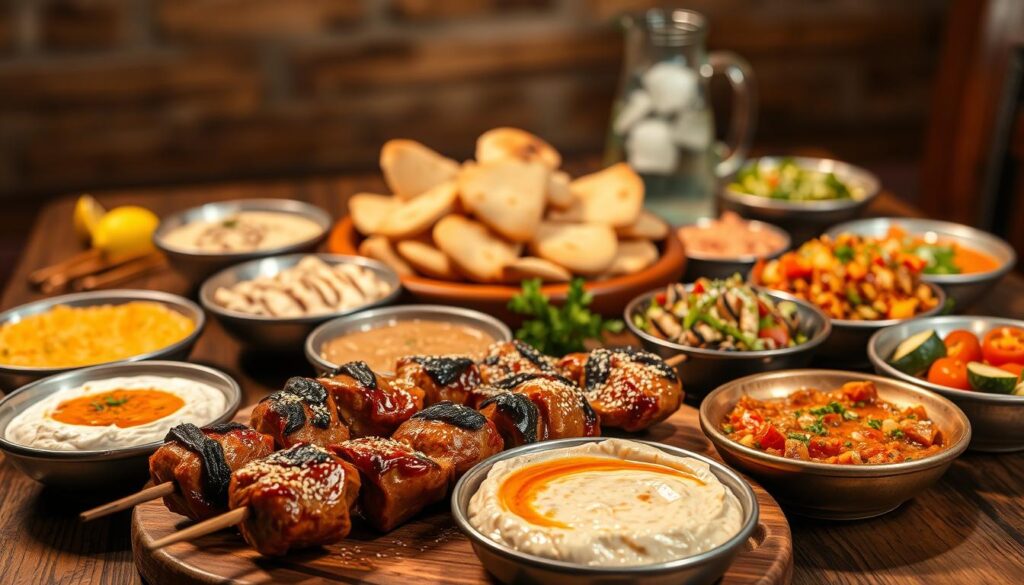 A sumptuous feast of Middle Eastern signature dishes, artfully arranged on a rustic wooden table. In the foreground, a platter of fragrant kebabs, their marinade glistening under warm, golden lighting. Surrounding them, a mosaic of vibrant dips and spreads - silky hummus, smoky baba ghanoush, and zesty tabbouleh. In the middle ground, a steaming pile of fluffy pita bread, its surface lightly charred. In the background, a glass pitcher of fresh lemonade, its ice cubes sparkling. The scene is imbued with an atmosphere of authentic, "Arabic Canada" hospitality and culinary mastery. A sumptuous feast of Middle Eastern signature dishes, artfully arranged on a rustic wooden table. In the foreground, a platter of fragrant kebabs, their marinade glistening under warm, golden lighting. Surrounding them, a mosaic of vibrant dips and spreads - silky hummus, smoky baba ghanoush, and zesty tabbouleh. In the middle ground, a steaming pile of fluffy pita bread, its surface lightly charred. In the background, a glass pitcher of fresh lemonade, its ice cubes sparkling. The scene is imbued with an atmosphere of authentic, "Arabic Canada" hospitality and culinary mastery.