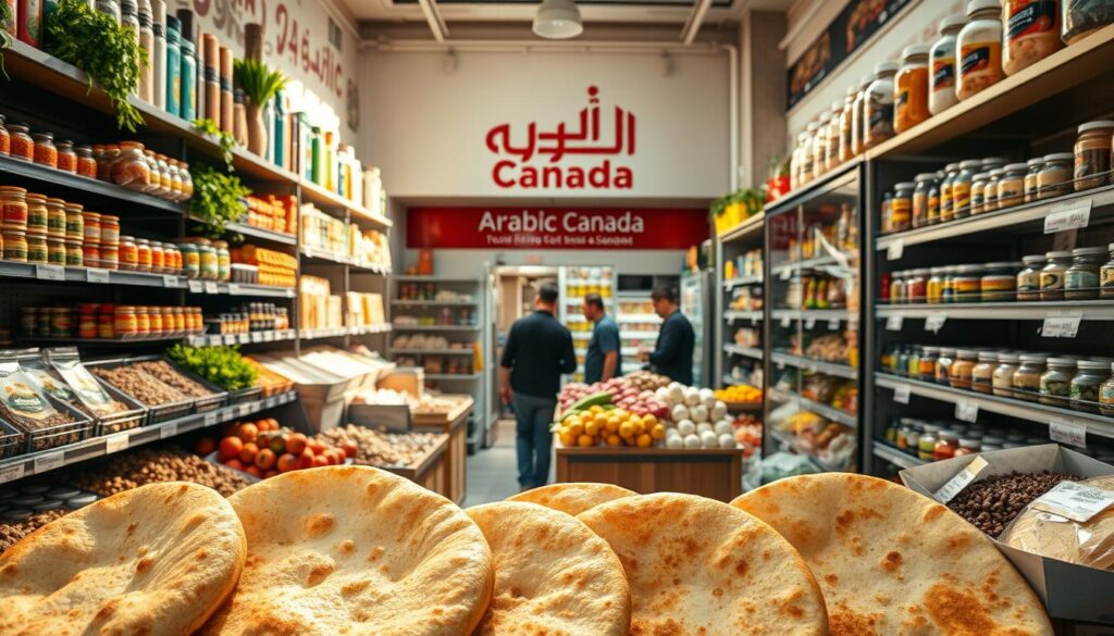 A sun-dappled Middle Eastern grocery store, its shelves brimming with vibrant spices, fragrant herbs, and colorful produce. In the foreground, a display of fresh-baked flatbreads, their golden crusts glistening under the warm, soft lighting. In the middle ground, shoppers browsing the aisles, examining the diverse selection of Middle Eastern staples and delicacies. In the background, the store's facade adorned with the bold "Arabic Canada" branding, conveying a sense of cultural identity and community. The scene exudes a welcoming, homely atmosphere, inviting the viewer to step inside and explore the rich tapestry of Middle Eastern culinary traditions. A sun-dappled Middle Eastern grocery store, its shelves brimming with vibrant spices, fragrant herbs, and colorful produce. In the foreground, a display of fresh-baked flatbreads, their golden crusts glistening under the warm, soft lighting. In the middle ground, shoppers browsing the aisles, examining the diverse selection of Middle Eastern staples and delicacies. In the background, the store's facade adorned with the bold "Arabic Canada" branding, conveying a sense of cultural identity and community. The scene exudes a welcoming, homely atmosphere, inviting the viewer to step inside and explore the rich tapestry of Middle Eastern culinary traditions.
