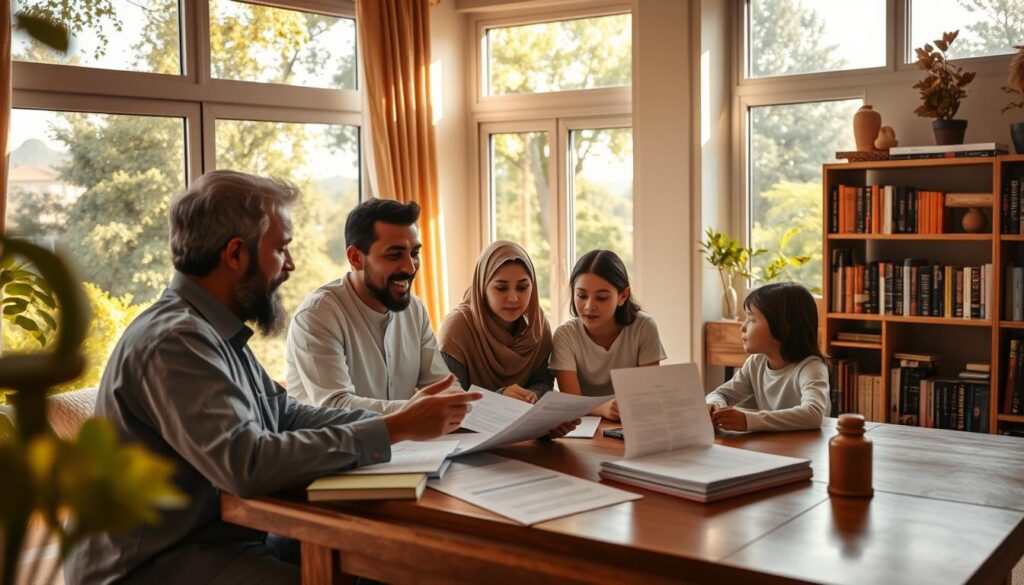 A sun-dappled living room with large windows overlooking a lush, verdant landscape. In the foreground, an Arab family gathers around a wooden table, poring over paperwork and discussing the details of a new home purchase. The father gestures animatedly, while the mother and children listen intently. Warm, soft lighting illuminates the scene, creating a cozy, inviting atmosphere. In the background, a bookshelf filled with volumes on home ownership and real estate advice. The overall mood conveys a sense of thoughtful consideration and careful planning, reflecting the care and research that Arab homebuyers must undertake.