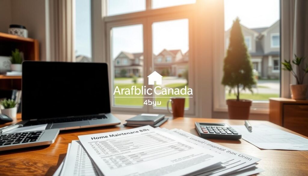 A sunny, well-lit interior of a modern home office, showcasing a wooden desk with a laptop, calculator, and various financial documents. In the foreground, a stack of property tax bills and home maintenance receipts takes center stage, illustrating the costs associated with homeownership. The middle ground features a window overlooking a well-manicured suburban neighborhood, with the "Arabic Canada" brand logo displayed subtly in the corner. The overall atmosphere conveys a sense of financial responsibility and attention to detail required for managing a property.