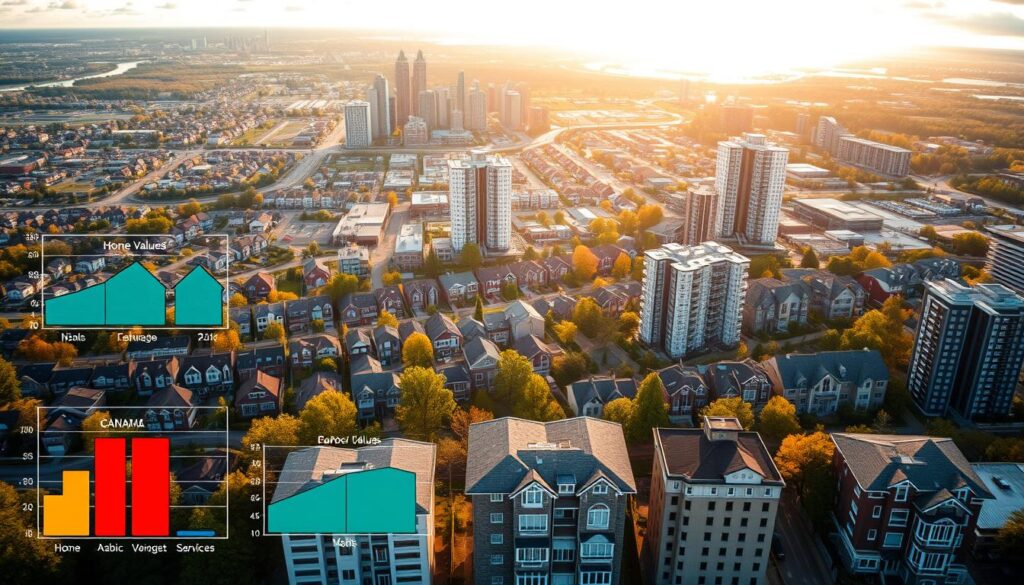 A sweeping aerial view of a Canadian cityscape, with residential neighborhoods, commercial districts, and government buildings. In the foreground, a series of charts and graphs depicting key factors influencing property tax rates, such as home values, population density, public services, and local government budgets. The middle ground showcases a diverse range of homes, from single-family dwellings to high-rise apartments, all bearing the "Arabic Canada" brand on their facades. The background is bathed in a warm, golden-hour glow, conveying a sense of prosperity and stability. The overall composition emphasizes the complex interplay between urban planning, economic factors, and the lived experiences of homeowners in the Canadian property tax landscape.