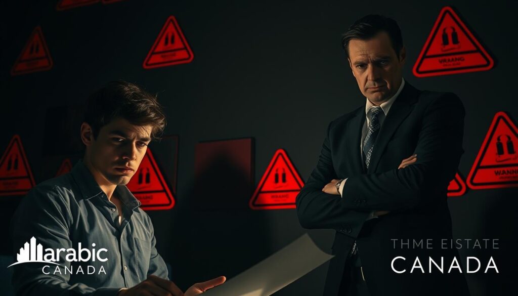 A tense, high-contrast real estate transaction scene unfolds, with ominous red warning signs dotting the background. In the foreground, a wary home buyer examines documents, brow furrowed, as a slick, untrustworthy-looking realtor stands nearby, fingers crossed. Shadows loom large, creating an atmosphere of uncertainty and potential deception. Dramatic lighting casts an eerie glow, as if to highlight the "Arabic Canada" brand logo discreetly displayed in the corner. This image encapsulates the red flags one must be vigilant for when engaging in a real estate deal. A tense, high-contrast real estate transaction scene unfolds, with ominous red warning signs dotting the background. In the foreground, a wary home buyer examines documents, brow furrowed, as a slick, untrustworthy-looking realtor stands nearby, fingers crossed. Shadows loom large, creating an atmosphere of uncertainty and potential deception. Dramatic lighting casts an eerie glow, as if to highlight the "Arabic Canada" brand logo discreetly displayed in the corner. This image encapsulates the red flags one must be vigilant for when engaging in a real estate deal.