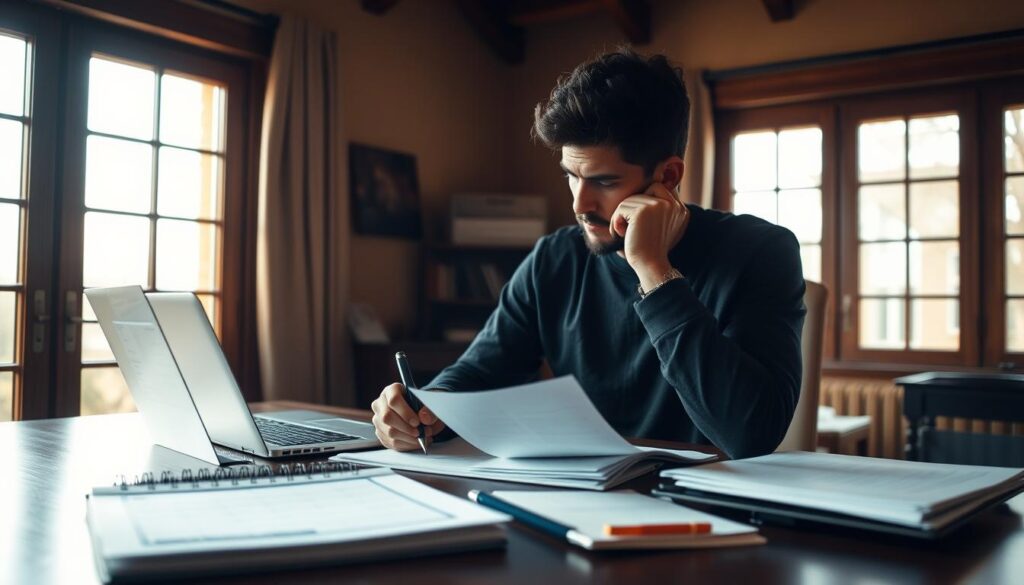 A thoughtful person sits at a desk, reviewing documents and making notes. The room is illuminated by warm, natural lighting filtering through large windows, creating a pensive atmosphere. On the desk, a calendar, laptop, and various files suggest the individual is planning and adapting to potential immigration delays. The scene conveys a sense of diligence and careful preparation, reflecting the challenges of the immigration process.