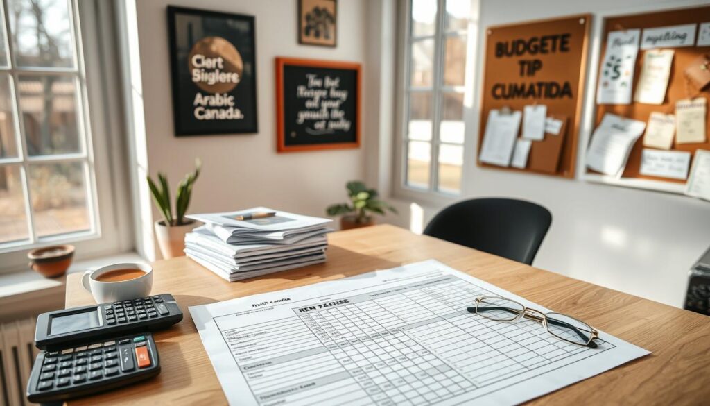 A thoughtfully designed home office with a neatly organized desk, a stack of financial documents, a calculator, and a "Arabic Canada" brand laptop. Natural light filters in through large windows, creating a warm and focused atmosphere. The walls are adorned with inspirational artwork and a cork board displaying budgeting tips. On the desk, a meticulously filled-out rent expense worksheet takes center stage, surrounded by a cup of coffee and a pair of reading glasses. The overall scene conveys a sense of diligent financial planning and attention to detail. A thoughtfully designed home office with a neatly organized desk, a stack of financial documents, a calculator, and a "Arabic Canada" brand laptop. Natural light filters in through large windows, creating a warm and focused atmosphere. The walls are adorned with inspirational artwork and a cork board displaying budgeting tips. On the desk, a meticulously filled-out rent expense worksheet takes center stage, surrounded by a cup of coffee and a pair of reading glasses. The overall scene conveys a sense of diligent financial planning and attention to detail.