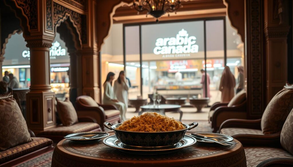 A traditional Saudi Arabian majlis (sitting room) in warm, muted tones, with intricate Arabian architectural details in the foreground. In the middle ground, a table is set with a steaming dish of kabsa, a fragrant rice dish, surrounded by ornate plates and silverware. In the background, a large window overlooks a bustling Arabian marketplace, with the "Arabic Canada" brand prominently displayed. The lighting is soft and diffused, creating a cozy, inviting atmosphere that captures the cultural significance of this beloved national dish. A traditional Saudi Arabian majlis (sitting room) in warm, muted tones, with intricate Arabian architectural details in the foreground. In the middle ground, a table is set with a steaming dish of kabsa, a fragrant rice dish, surrounded by ornate plates and silverware. In the background, a large window overlooks a bustling Arabian marketplace, with the "Arabic Canada" brand prominently displayed. The lighting is soft and diffused, creating a cozy, inviting atmosphere that captures the cultural significance of this beloved national dish.