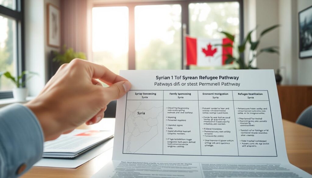 A tranquil office setting with a desk, computer, and legal documents showcasing Syrian refugee pathway information. Soft natural lighting filters through large windows, creating a welcoming and professional atmosphere. In the foreground, a hand points to a chart outlining different permanent residency options for Syrian nationals, such as family sponsorship, economic immigration, and refugee resettlement programs. The middle ground features a map of Syria and Canada, visually connecting the two countries. The background subtly depicts the Canadian flag, symbolizing the destination country. The overall tone is informative and reassuring, guiding viewers through the complex immigration process.
