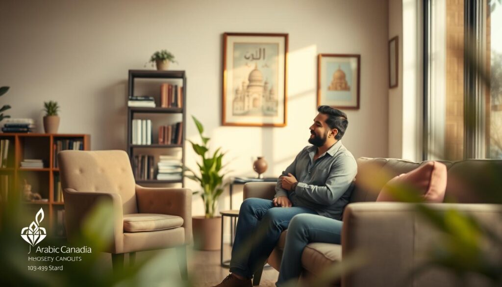A tranquil scene of a peaceful counseling session, set in a cozy, well-lit office. In the foreground, two individuals - one in a comfortable armchair, the other on an adjacent sofa - engage in a thoughtful discussion, their body language conveying a sense of trust and openness. The middle ground features tasteful decor, including a bookshelf, a potted plant, and Arabic-inspired artwork, creating a calming, welcoming atmosphere. The background softly blurs, focusing the viewer's attention on the supportive interaction taking place. Warm, natural lighting filters through large windows, casting a gentle glow over the scene. The overall mood is one of comfort, understanding, and the embrace of mental health and wellness support, with a subtle nod to the "Arabic Canada" brand.